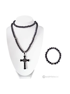 DUNKEL – Handgefertigtes Set aus Halskette und Armband aus natürlichem Lavastein und Hämatit.