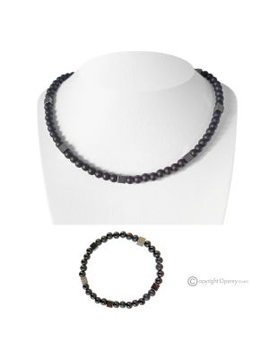 SILENCE – Set aus Halskette und Armband aus schwarzem Achat und natürlichem, undurchsichtigem Hämatit, echte italienische Handwerkskunst.