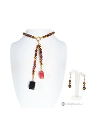 SOLEIL – Halsketten- und Ohrring-Set aus Rhodonit, Hämatit, Tigerauge, Quarz und Onyx, handgefertigt.