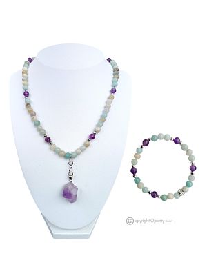 BLUME - Halskette mit Armband, Amazonit, Amethyst und Hämatit, facettiertes Silber, handgefertigt.