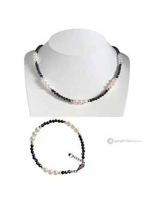 GAIA – Halskette mit Armband aus Hämatit und weißen komprimierten Muschelperlen, handgefertigt.