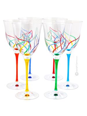 CALICE ACQUA HELICONIA Set 6 Wassergläser Stielgläser Kelche handbemalt superior Klangglas Venedig authentisch Made in Italy 