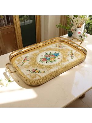 VASSOIO GALLERIA Holztablett Metallkante Holzboden Tablett Gold Blumen Dekor Handarbeit Made in Italy