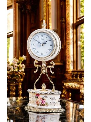 Hochwertige Tischuhr aus Keramik, mit floralen und goldenen Details, handgefertigt.