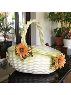 Tafelaufsatz, Keramikkorb mit Blumen und feinen goldenen Details verziert, handgefertigt.