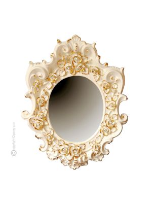 SPECCHIERA KRISTALLE & ROSEN Spiegel aus Keramik Keramikspiegel Wanddekoration im Barockstil mit Details aus 24K Gold Made in Italy