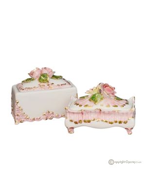 Set aus 2 dekorativen Boxen aus edler Keramik, verziert mit Blumen und goldenen Details, handgefertigt.