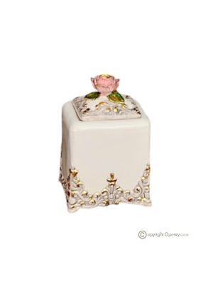 Dose, Dekobehälter aus Keramik im Barockstil, mit Blumen und goldenen Details, handgefertigt.