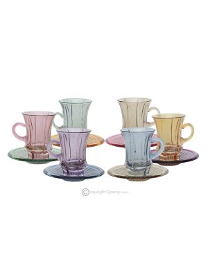 ADA-Set mit 6 authentischen handbemalten modernen Teetassen und Untertassen aus hochwertigem Glas.
