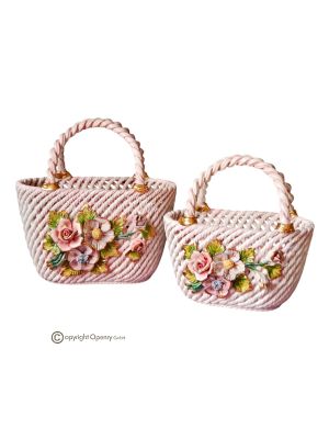 Tafelaufsatz, 2er-Set Beutel aus feiner Keramik, verziert mit Blumen und goldenen Details, handgefertigt.