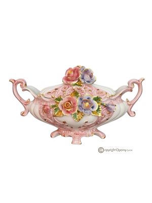 Künstlerische Keramikterrine im Barockstil, verziert mit floralen Motiven und Gold, handgefertigt.