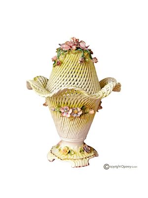 Tischlampe aus feiner künstlerischer Keramik, verziert mit Blumen und goldenen Details, handgefertigt