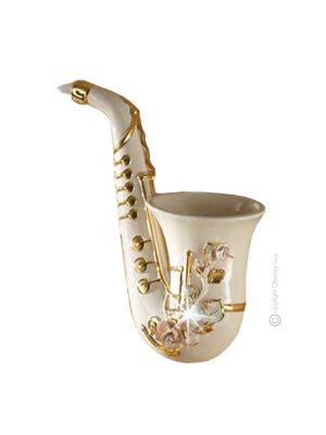 SAXOPHON Wanddekoration Ornament zum Aufhängen Keramik im Barockstil mit Details aus 24 Karat Gold Made in Italy
