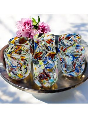 Set aus 6 Fantasiegläsern aus geblasenem Glas, mit originaler Murrine aus Murano, Venedig.
