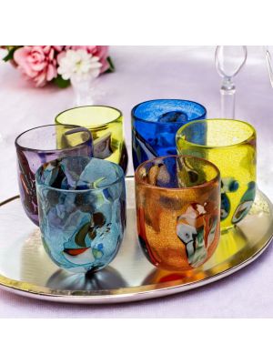 Set aus 6 farbigen Kristallgläsern, geblasenes Glas, Original aus Murano, Venedig.
