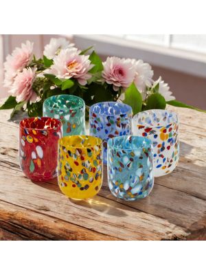 Set aus 6 mundgeblasenen Glasgläsern mit Murrine, authentisch und original aus Murano, Venedig.
