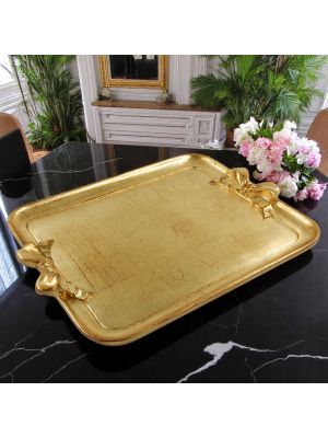 VASSOIO FIOCCO Holztablett Rechteckige Griffe Schleifen Tablett Blattgold Holz Handarbeit Made in Italy