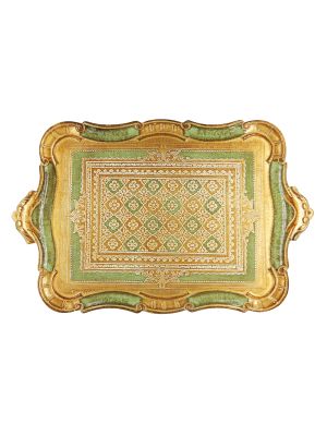 VASSOIO DORATO TAPPETO VERDE Holztablett Rechteckig Tablett Gold Grün Dekoration Holz Handarbeit Made in Italy