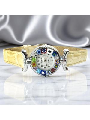 LADY 15 Muranoglas Schmuck Damenuhr Bunt Lederarmband Venedig Stil hochwertig exklusiv