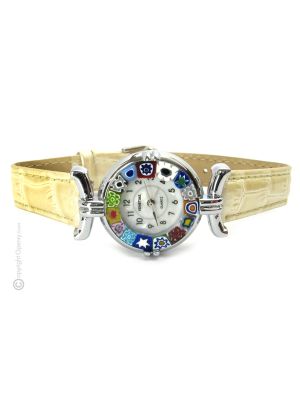 LADY 15 Muranoglas Schmuck Damenuhr Bunt Lederarmband Venedig Stil hochwertig exklusiv