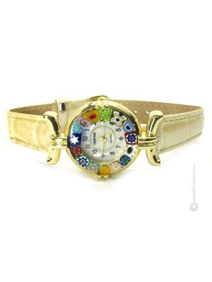 LADY ORO 15 Muranoglas Schmuck Damenuhr Bunt Lederarmband Venedig Stil hochwertig exklusiv