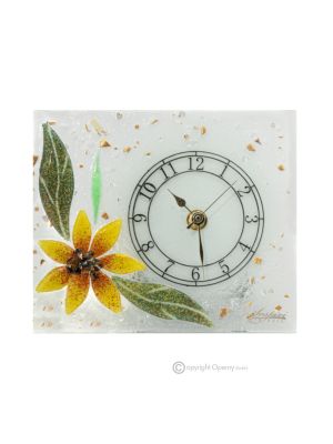 SONNENBLUME – Tischuhr aus transparentem Glas mit 24-Karat-Blattgold, Blumenmuster, handgefertigt