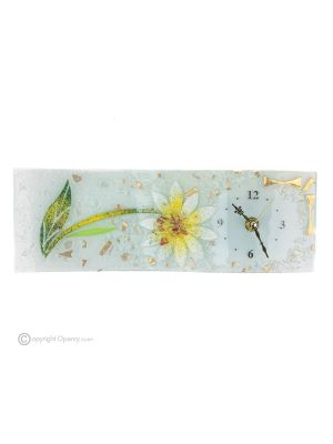 GERBERA Tischuhr aus transparentem Glas mit 24 Karat Blattgold, Design mit Relief, handgefertigt