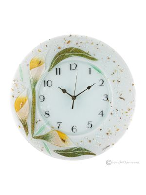 CALLA Wanduhr, kunstvolles Glas mit Blumenrelief verziert, handgefertigt