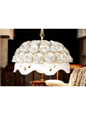 Pendelleuchte aus Keramik, verziert mit Rosen, Swarovski-Kristallen und Gold.