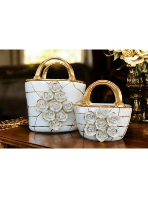Set aus 2 Keramikhandtaschen mit Rosen, Kristallen und Golddetails, handgefertigt.