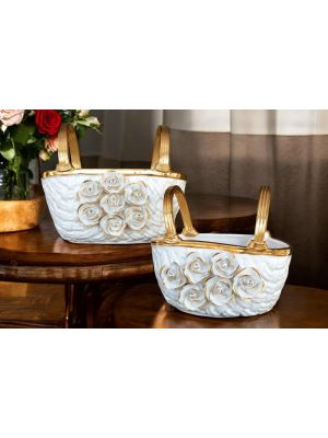 Set aus 2 Keramikkörben mit Rosen, Kristallen und Golddetails, handgefertigt.