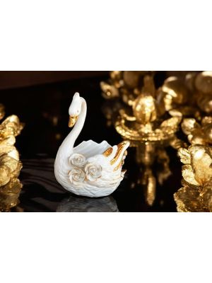 Keramikschwan im Barockstil, Tischdekoration verziert mit Rosen, Kristallen und goldenen Details.