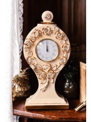 TISCHUHR Kaminuhr Keramik im Barockstil mit Details aus 24 Karat Gold Made in Italy