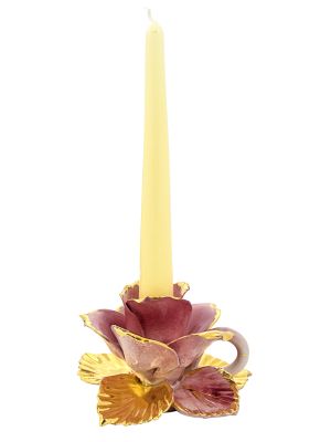 PORTACANDELE ROSA Kerzenhalter Keramik Kreationen Barock Stil 24k Gold Deko Made Italy